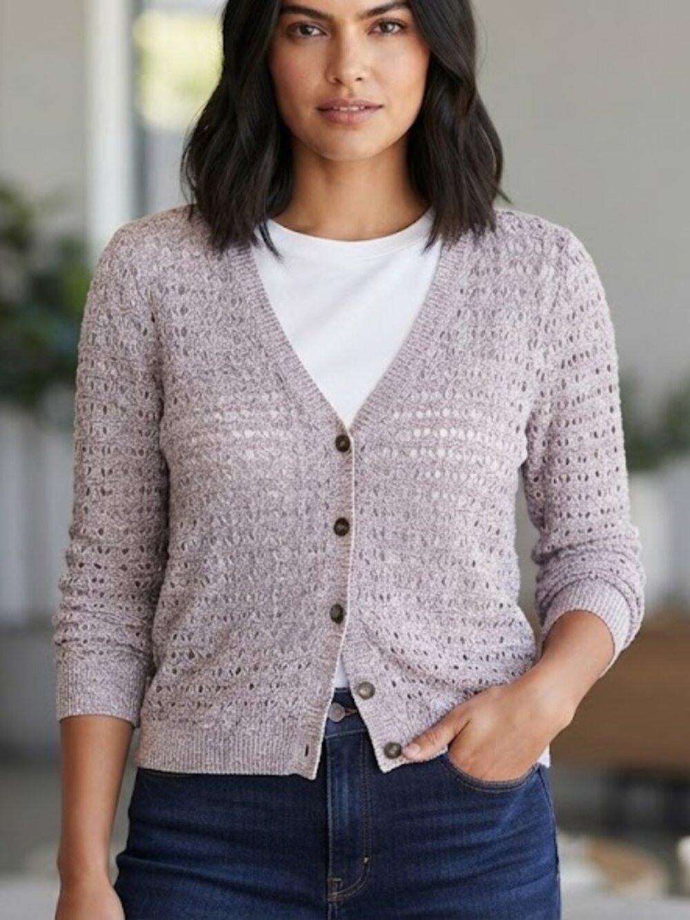 DKNY Open-Weave Button Cardigan
